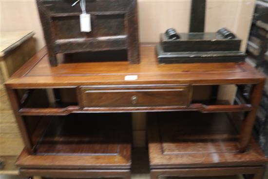 A pair of Chinese hardwood square coffee tables and another similar rectangular table W.106cm and 56cm